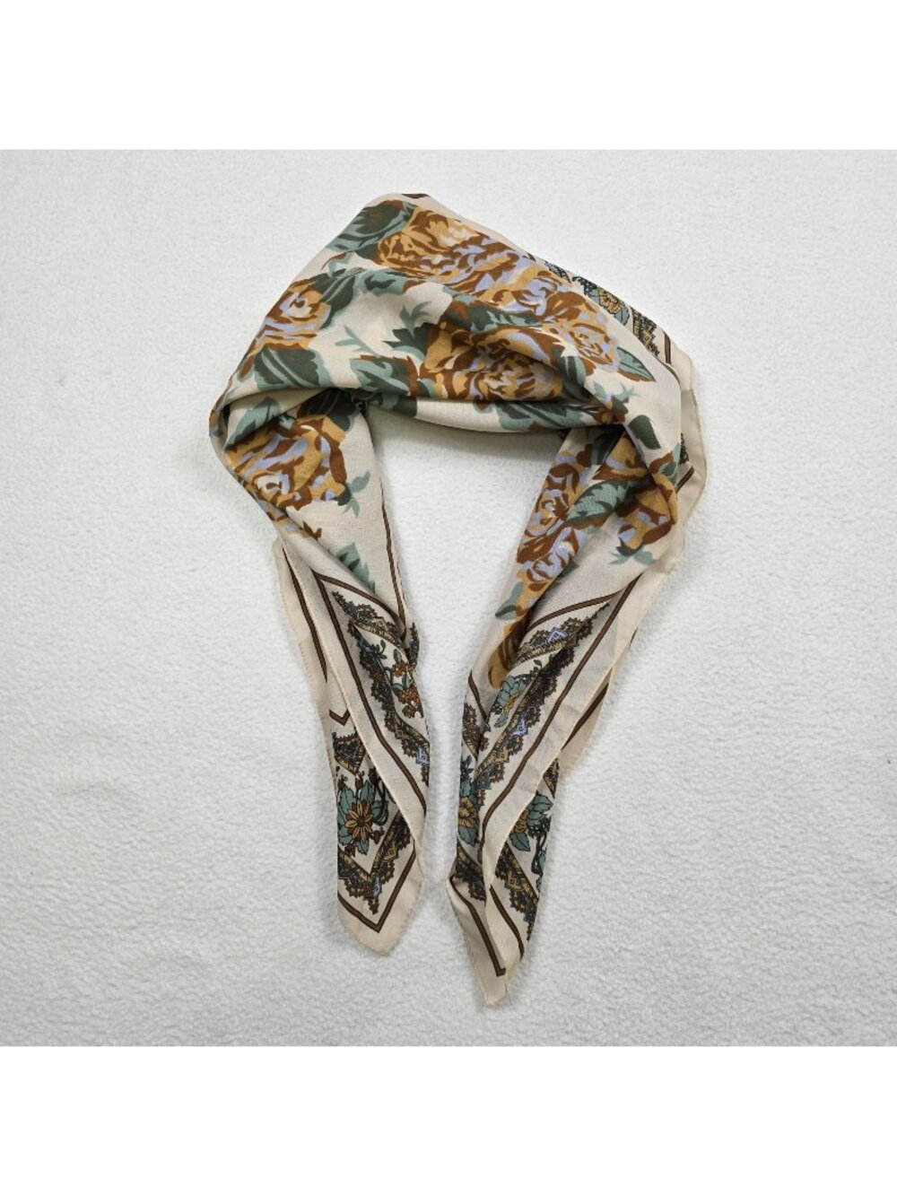 Floral Square Scarf Beige Green Brown Vintage Womens Lightweight Soft